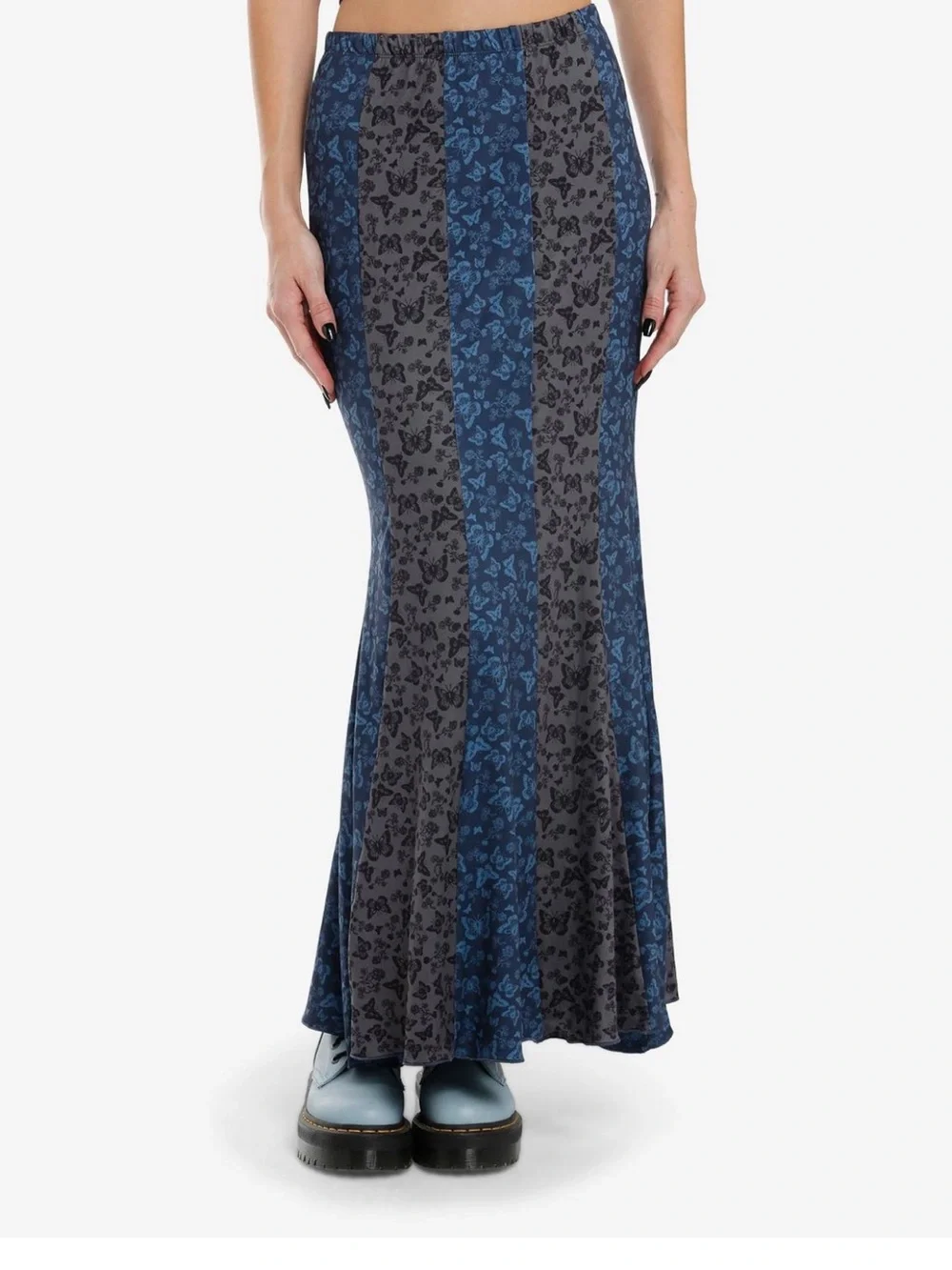 Striped Blue and Gray Maxi Skirt - Women's Panel Flare